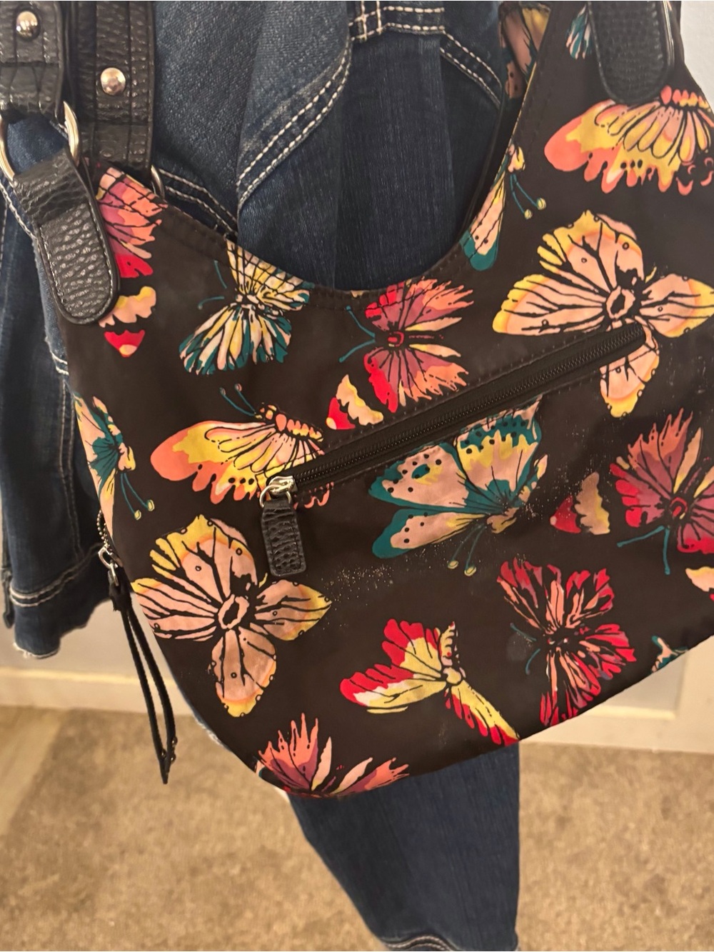 Rosetti Black Shoulder Bag with Colorful Butterfly & Floral Print  Multi pockets